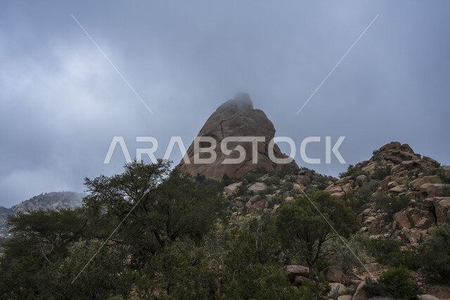 الجبال والمرتفعات الصخرية، القمم الجبلية، السماء الملبدة بالغيوم، الاشجار والنباتات الخضراء، اجواء شتوية، الطبيعة الجبلية، التضاريس الجبلية