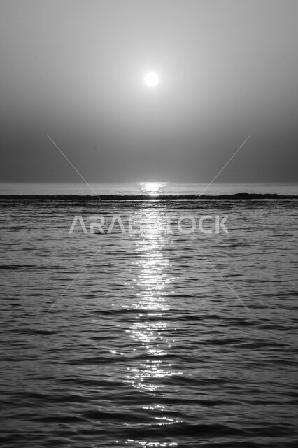 صورة بالابيض والاسود لانعكاس الشمس على البحر، غروب الشمس، هدوء البحر، مناظر طبيعية خلابة، الطبيعة البحرية، خلفية الطبيعة