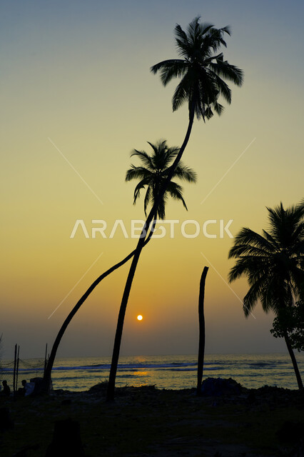 غروب الشمس على شاطئ البحر ، منظر الغروب على شاطئ البحر ، جمال السماء والمناظر الطبيعية الخلابة ، خلفية الطبيعة ، المناظر البحرية الهادئة ، هدوء وجمال البحر وقت الغروب ، تأمل البحر وقت غروب الشمس .