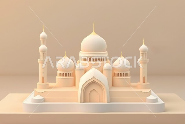 A three-dimensional model of a mosque with creative designs, Islamic decorations, Islamic designs, Islamic figures, Ramadan decor, Ramadan background, three-dimensional artifacts