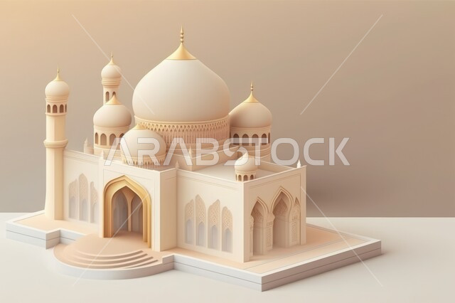 A three-dimensional model of a mosque with creative designs, Islamic decorations, Islamic designs, Islamic figures, Ramadan decor, Ramadan background, three-dimensional artifacts