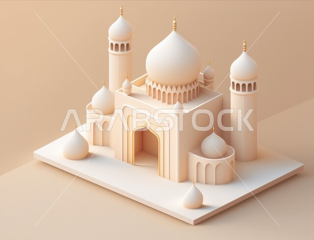 A three-dimensional model of a mosque with creative designs, Islamic decorations, Islamic designs, Islamic figures, Ramadan decor, Ramadan background, three-dimensional artifacts