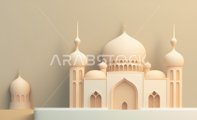 A three-dimensional model of a mosque with creative designs, Islamic decorations, Islamic designs, Islamic figures, Ramadan decor, Ramadan background, three-dimensional artifacts