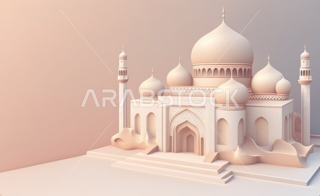 A three-dimensional model of a mosque with creative designs, Islamic decorations, Islamic designs, Islamic figures, Ramadan decor, Ramadan background, three-dimensional artifacts