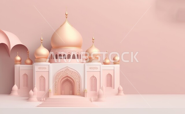 A three-dimensional model of a mosque with creative designs, Islamic decorations, Islamic designs, Islamic figures, Ramadan decor, Ramadan background, three-dimensional artifacts