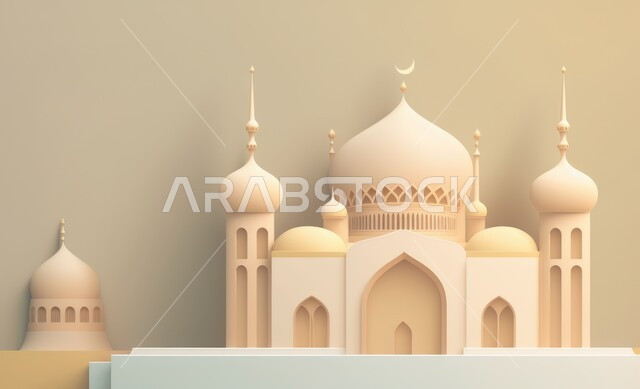 A three-dimensional model of a mosque with creative designs, Islamic decorations, Islamic designs, Islamic figures, Ramadan decor, Ramadan background, three-dimensional artifacts