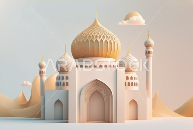 A three-dimensional model of a mosque with creative designs, Islamic decorations, Islamic designs, Islamic figures, Ramadan decor, Ramadan background, three-dimensional artifacts