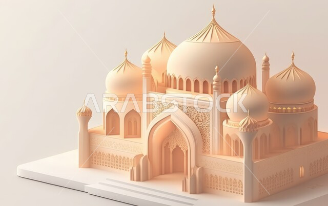 A three-dimensional model of a mosque with creative designs, Islamic decorations, Islamic designs, Islamic figures, Ramadan decor, Ramadan background, three-dimensional artifacts