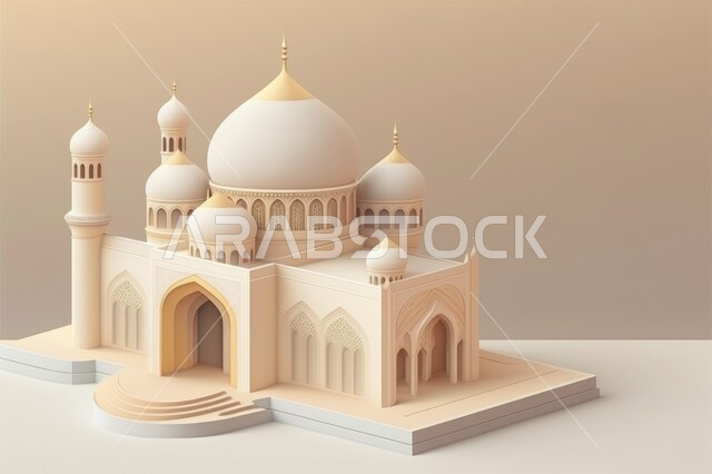 A three-dimensional model of a mosque with creative designs, Islamic decorations, Islamic designs, Islamic figures, Ramadan decor, Ramadan background, three-dimensional artifacts