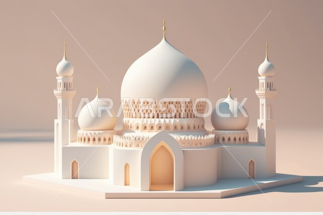 A three-dimensional model of a mosque with creative designs, Islamic decorations, Islamic designs, Islamic figures, Ramadan decor, Ramadan background, three-dimensional artifacts