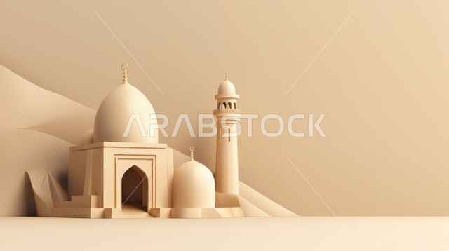 A three-dimensional model of a mosque with creative designs, Islamic decorations, Islamic designs, Islamic figures, Ramadan decor, Ramadan background, three-dimensional artifacts