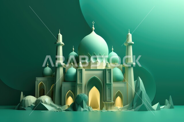 مجسم ثلاثي الابعاد لمسجد بتصاميم ابداعية، ديكورات اسلامية، تصاميم اسلامية، مجسمات اسلامية، ديكور رمضاني، خلفية رمضانية، تحف ثلاثية الأبعاد، خلفية زرقاء
