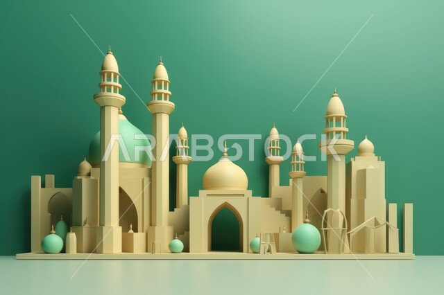مجسم ثلاثي الابعاد لمسجد بتصاميم ابداعية، ديكورات اسلامية، تصاميم اسلامية، مجسمات اسلامية، ديكور رمضاني، خلفية رمضانية، تحف ثلاثية الأبعاد، خلفية زرقاء