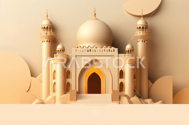 A three-dimensional model of a mosque with creative designs, Islamic decorations, Islamic designs, Islamic figures, Ramadan decor, Ramadan background, three-dimensional artifacts