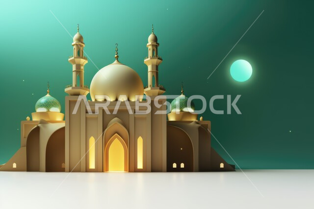 A three-dimensional model of a mosque with creative designs, Islamic decorations, Islamic designs, Islamic figures, Ramadan decor, Ramadan background, three-dimensional artifacts, blue background