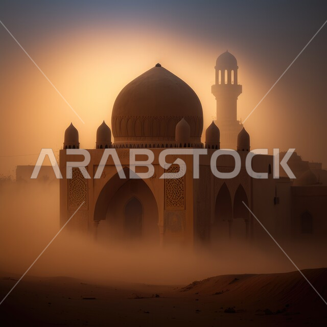 Close-up of a mosque with creative designs, desert areas, sand dunes, sand hills, Islamic architectural art, Islamic architecture, religious landmarks, Islamic holy places
