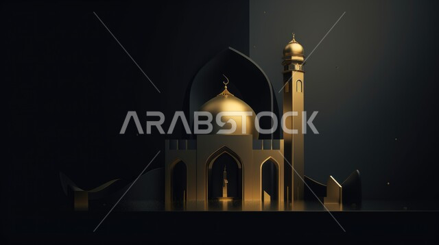 A three-dimensional model of a luminous mosque with creative designs, Islamic decorations, Islamic designs, glowing Islamic figures, Ramadan decor, Ramadan background, three-dimensional artifacts, black background