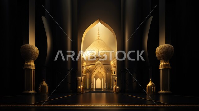 A three-dimensional model of a luminous mosque with creative designs, Islamic decorations, Islamic designs, glowing Islamic figures, Ramadan decor, Ramadan background, three-dimensional artifacts, black background