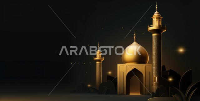 A three-dimensional model of a luminous mosque with creative designs, Islamic decorations, Islamic designs, glowing Islamic figures, Ramadan decor, Ramadan background, three-dimensional artifacts, black background