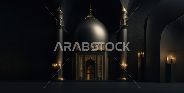 مجسم ثلاثي الابعاد لمسجد مضيء بتصاميم ابداعية، ديكورات اسلامية، تصاميم اسلامية، مجسمات اسلامية متوهجة، ديكور رمضاني، خلفية رمضانية، تحف ثلاثية الابعاد، خلفية سوداء