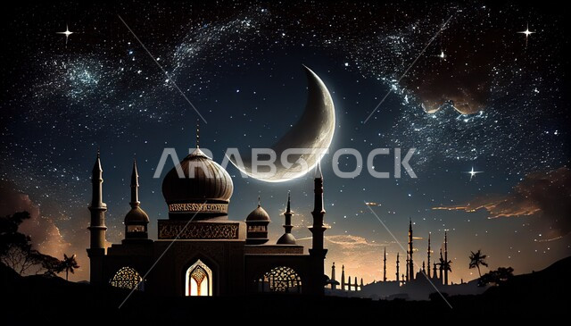 مسجد بتصاميم ابداعية، السماء المليئة بالنجوم اللامعة، هلال القمر، الفن الاسلامي المعماري، الهندسة المعمارية الاسلامية، معالم دينية، اماكن اسلامية مقدسة، خلفية اسلامية