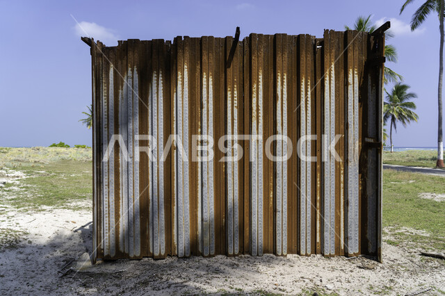 الواح معدنية مهترئة، حديد قديم، الواح صدئة، جدار حديدي عتيق، اطار قديم مهترء، اشجار النخيل الخضراء