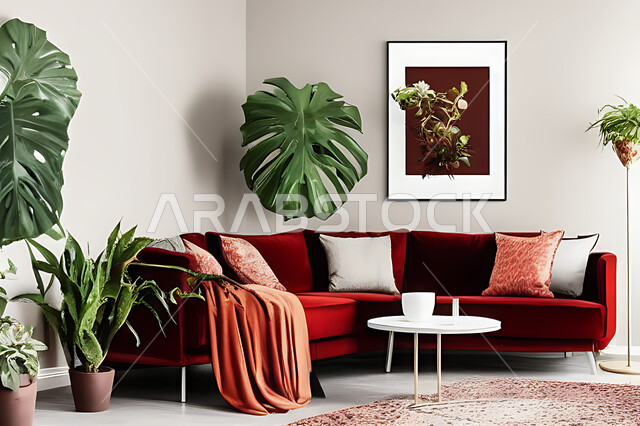 غرفة معيشة بتصاميم عصرية حديثه، ديكورات داخليه، غرفة جلوس, أثاث منزلي راقي، تصاميم عصرية فاخرة، شقق وفلل سكنية, فنادق ومنتجعات فاخره ، ديكور داخلي باللون الأحمر