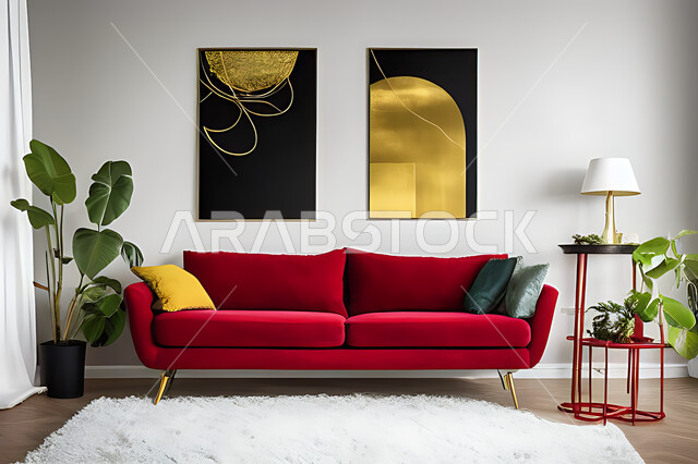 غرفة معيشة بتصاميم عصرية حديثه، ديكورات داخليه، غرفة جلوس, أثاث منزلي راقي، تصاميم عصرية فاخرة، شقق وفلل سكنية, فنادق ومنتجعات فاخره ، ديكور داخلي باللون الأحمر