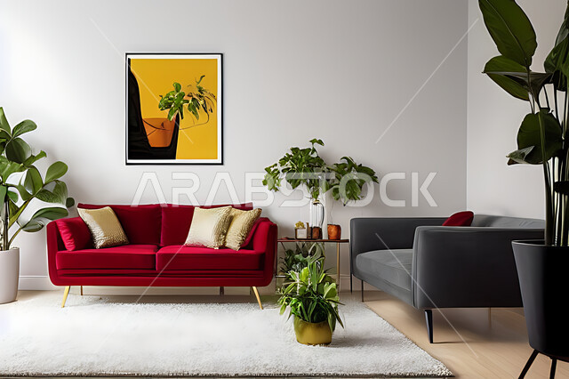 غرفة معيشة بتصاميم عصرية حديثه، ديكورات داخليه، غرفة جلوس, أثاث منزلي راقي، تصاميم عصرية فاخرة، شقق وفلل سكنية, فنادق ومنتجعات فاخره ، ديكور داخلي باللون الأحمر