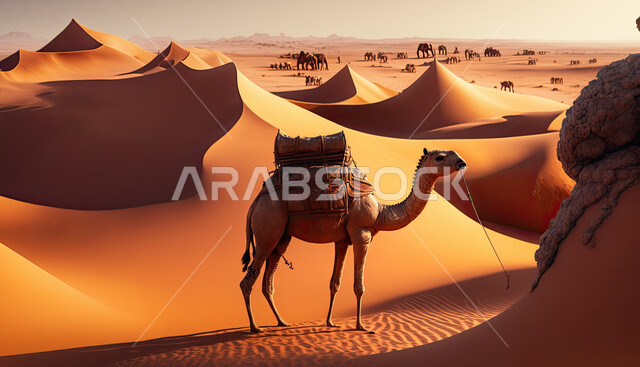 قافلة من الجمال المتفرقة في الصحراء العربية