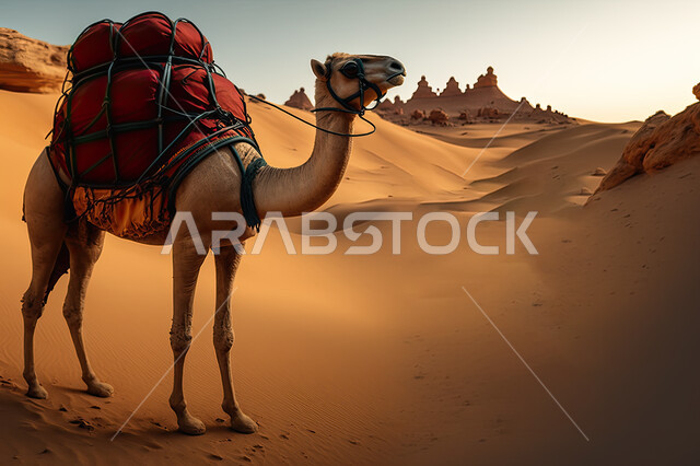 جمل محمل بالامتعة يمشي في الصحراء