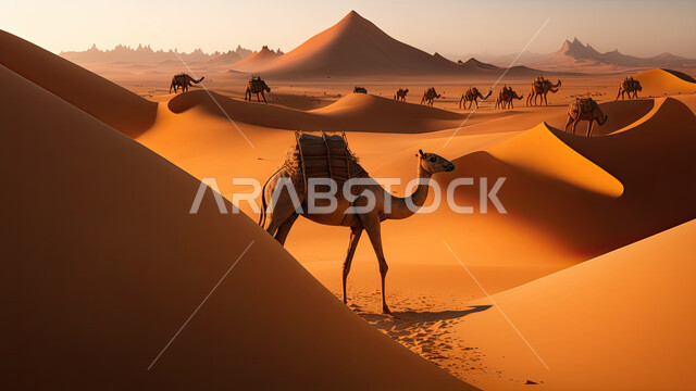 حيوان الجمل في الصحراء,السفر على حيوان الجمل, ناقة,وسائل مواصلات قديمة,جمل محمل بالامتعة,ناقة,سياحة وسفر خلفية الصحراء