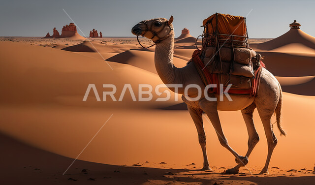 حيوان الجمل في الصحراء,السفر على حيوان الجمل, ناقة,وسائل مواصلات قديمة,جمل محمل بالامتعة,ناقة,سياحة وسفر خلفية الصحراء