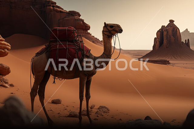 حيوان الجمل في الصحراء,السفر على الحيوان الجمل, وسائل مواصلات قديمة,جمل محمل بالامتعة,ناقة,سياحة وسفر