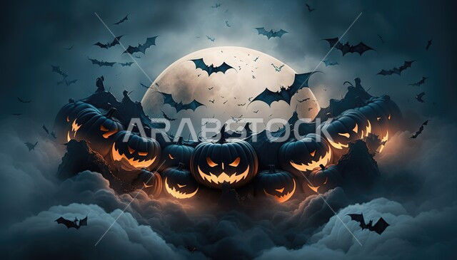 خلفية هالوين مع الخفافيش ، قرع هالوين مضيئة ، قرع الهالوين بوجه مخيف