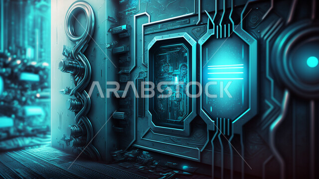 اشكال ورسومات ثلاثية الابعاد، بوابات رقمية، خطوط مشعة، وميض مضيء، تكنولوجيا المستقبل، التطور الرقمي، خلفية رقمية