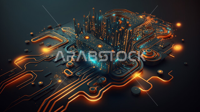 اشكال ورسومات ثلاثية الابعاد، شرائح الكترونية، خطوط مشعة، وميض مضيء، تكنولوجيا المستقبل، التطور الرقمي، خلفية رقمية