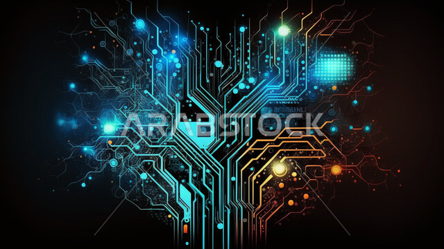 3D shapes and graphics, electronic chips, radiant lines, luminous flash, future technology, digital development, digital background