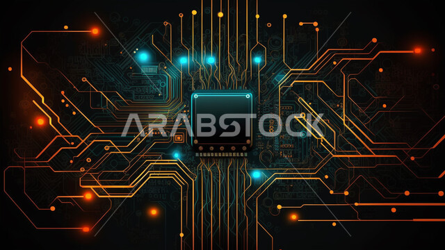 3D shapes and graphics, electronic chips, radiant lines, luminous flash, future technology, digital development, digital background