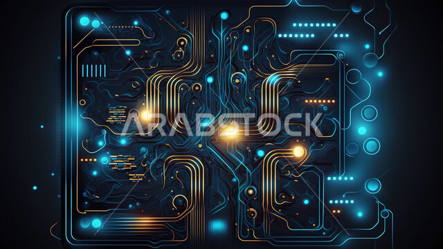 3D shapes and graphics, electronic chips, radiant lines, luminous flash, future technology, digital development, digital background