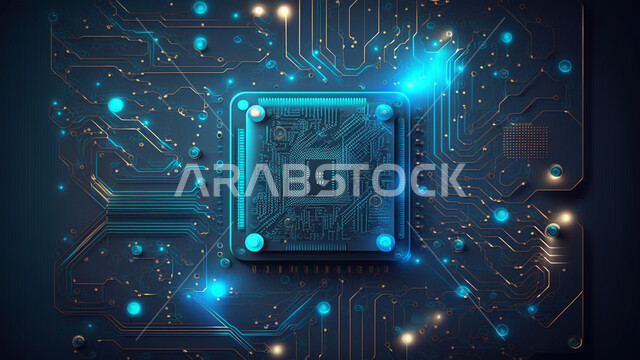 3D shapes and graphics, electronic chips, radiant lines, luminous flash, future technology, digital development, digital background