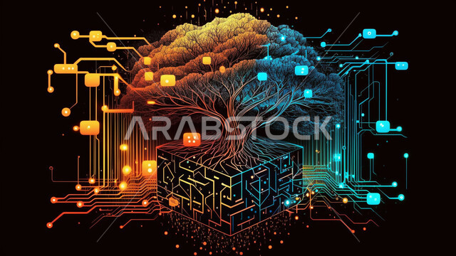 This vector image depicts science, the future, and energy technology. Digital photos of light rays, stripes, and lines with blue light, speed, and motion blur over a dark blue background