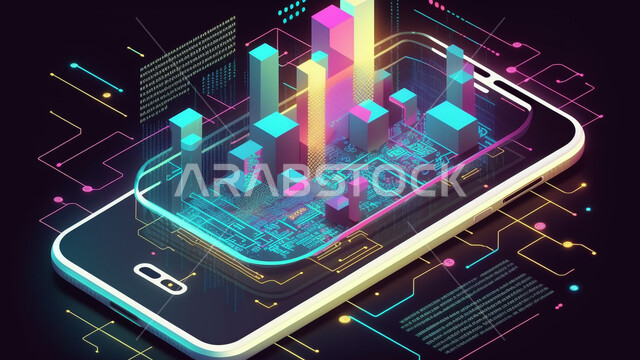 اشكال ورسومات ثلاثية الابعاد، تحليل البيانات، هاتف محمول، الذكاء الاصطناعي، التطور الرقمي، تكنولوجيا المستقبل