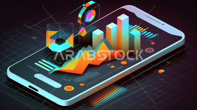 اشكال ورسومات ثلاثية الابعاد، تحليل البيانات، هاتف محمول، الذكاء الاصطناعي، التطور الرقمي، تكنولوجيا المستقبل
