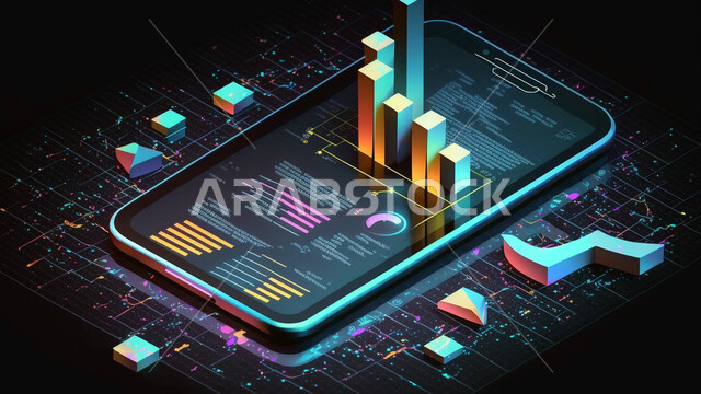 اشكال ورسومات ثلاثية الابعاد، تحليل البيانات، هاتف محمول، الذكاء الاصطناعي، التطور الرقمي، تكنولوجيا المستقبل