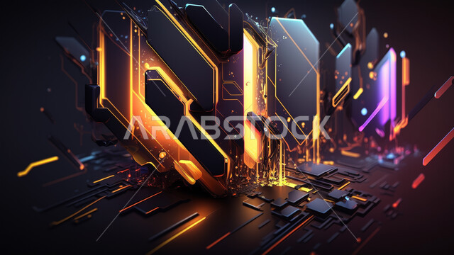 اشكال ورسومات ثلاثية الابعاد، خطوط مشعة، وميض مضيء، تكنولوجيا المستقبل، التطور الرقمي، خلفية مجردة