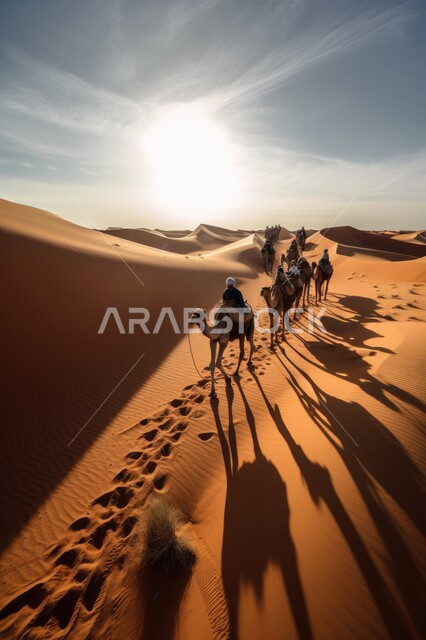 صورة امامية لقافلة الجمال تمر عبر الكثبان الرملية في الصحراء الكبرى, حيوان الجمل في الصحراء، السفر على حيوان الجمل، وسائل مواصلات قديمه، جمل محمل بالامتعه، ناقة، سياحه وسفر