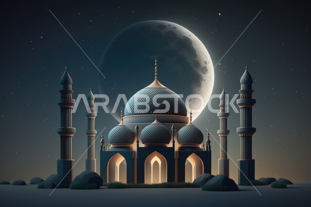 3D model of a luminous mosque with creative designs, Islamic decorations, Islam designs, Ramadan background, 3D artifacts, Ramadan crescent