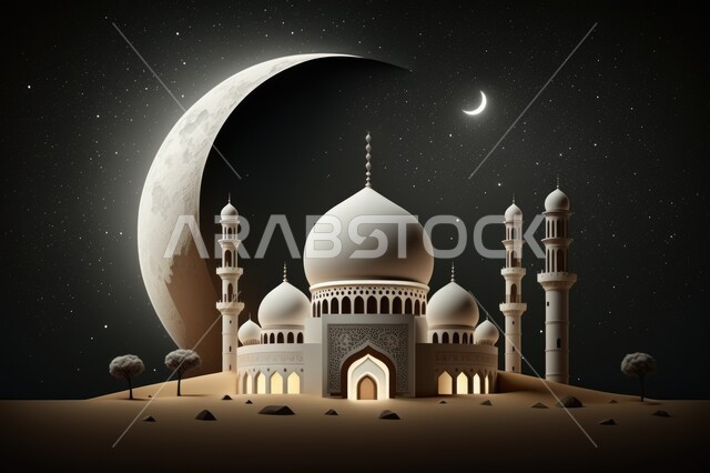 3D model of a luminous mosque with creative designs, Islamic decorations, Islam designs, Ramadan background, 3D artifacts, Ramadan crescent