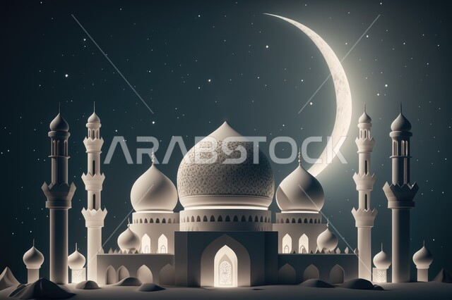مجسم ثلاثي الابعاد لمسجد مضيء بتصاميم ابداعية، ديكورات اسلامية، تصاميم اسلام، خلفية رمضانية، تحف ثلاثية الابعاد، هلال رمضان 
